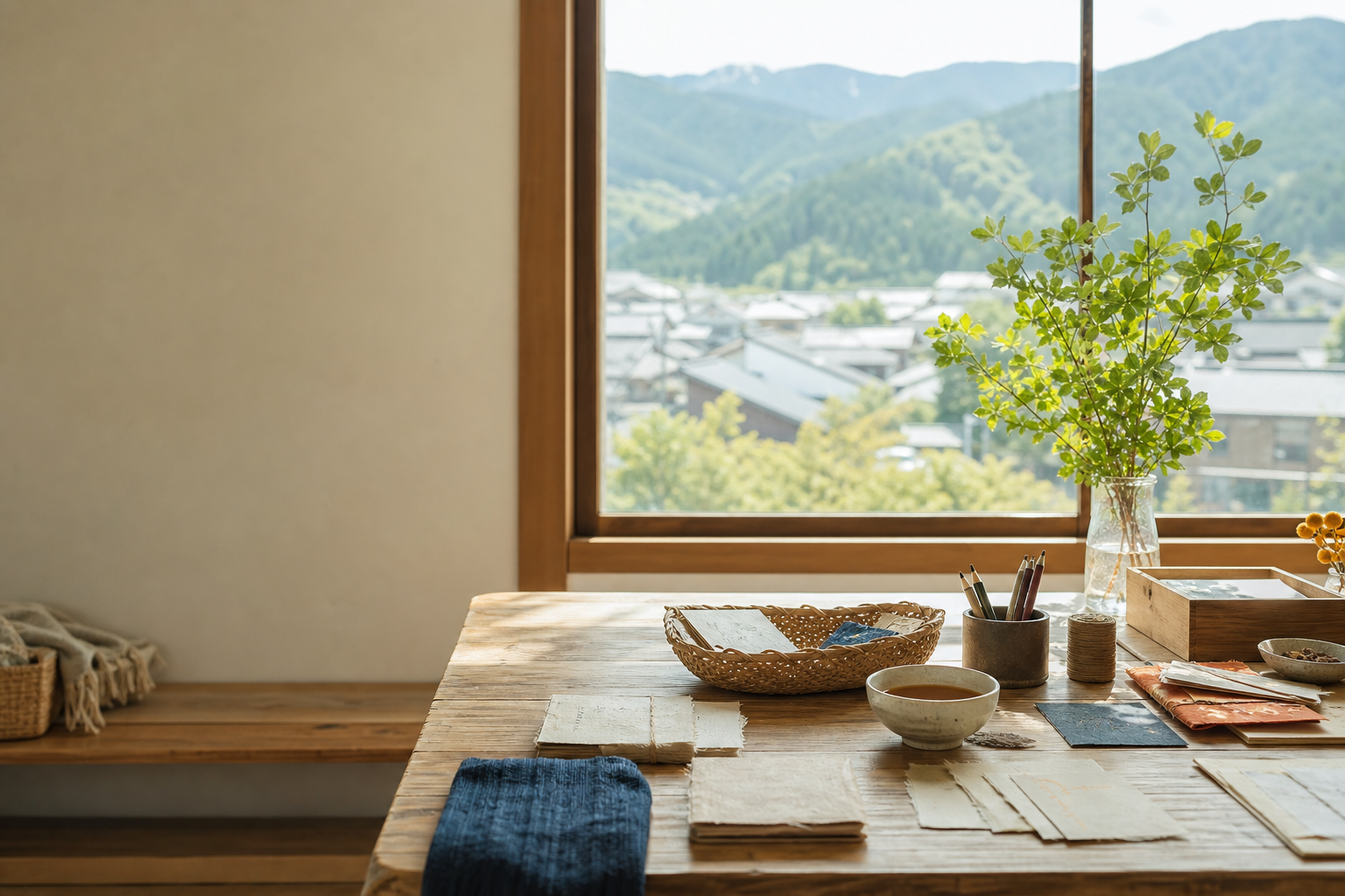 山並みを望む明るい部屋の、手仕事の道具が並んだ木のテーブル（イメージ）